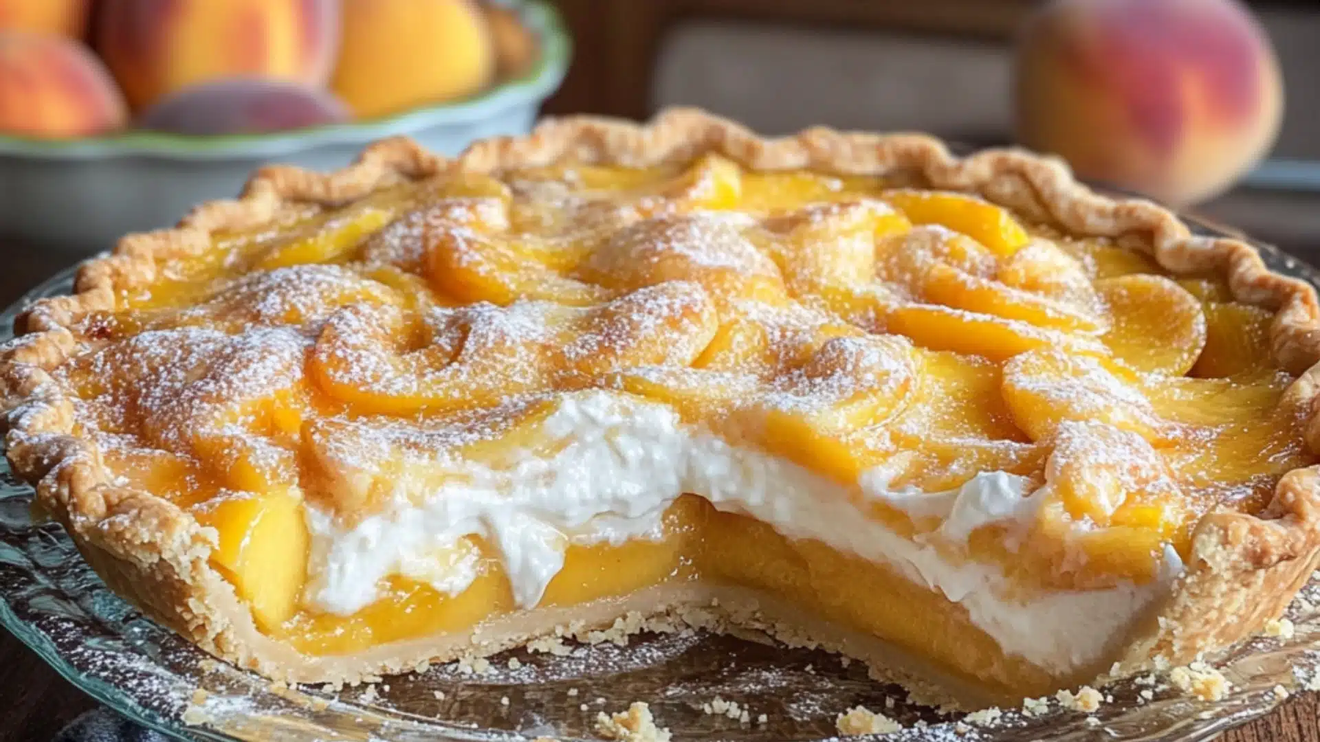 peaches and cream pie in a casserole dish with text overlay that reads peaches and cream pie
