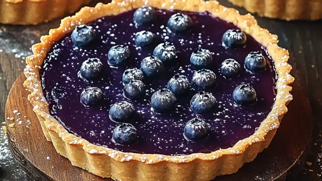 blueberry ganache tarts with fresh blueberries on the side and text overlay