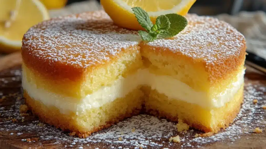 lemon custard cake with powdered sugar on top and sliced in half to show the layers