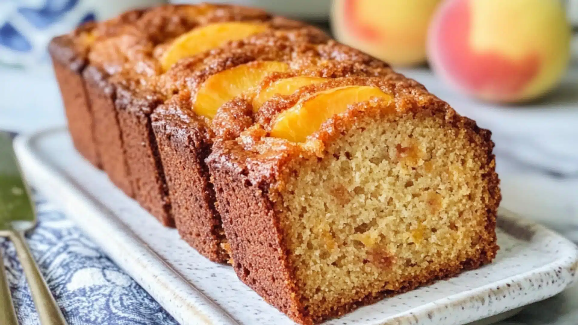 this southern peach bread is made with fresh peaches and topped with sour cream