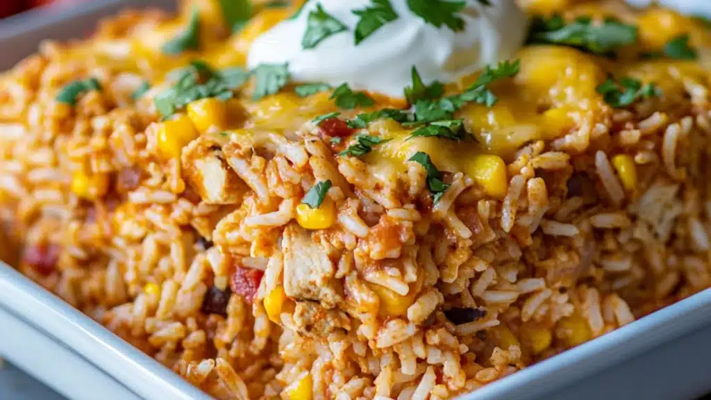 a spoon scooping out some food from a casserole dish with corn on it