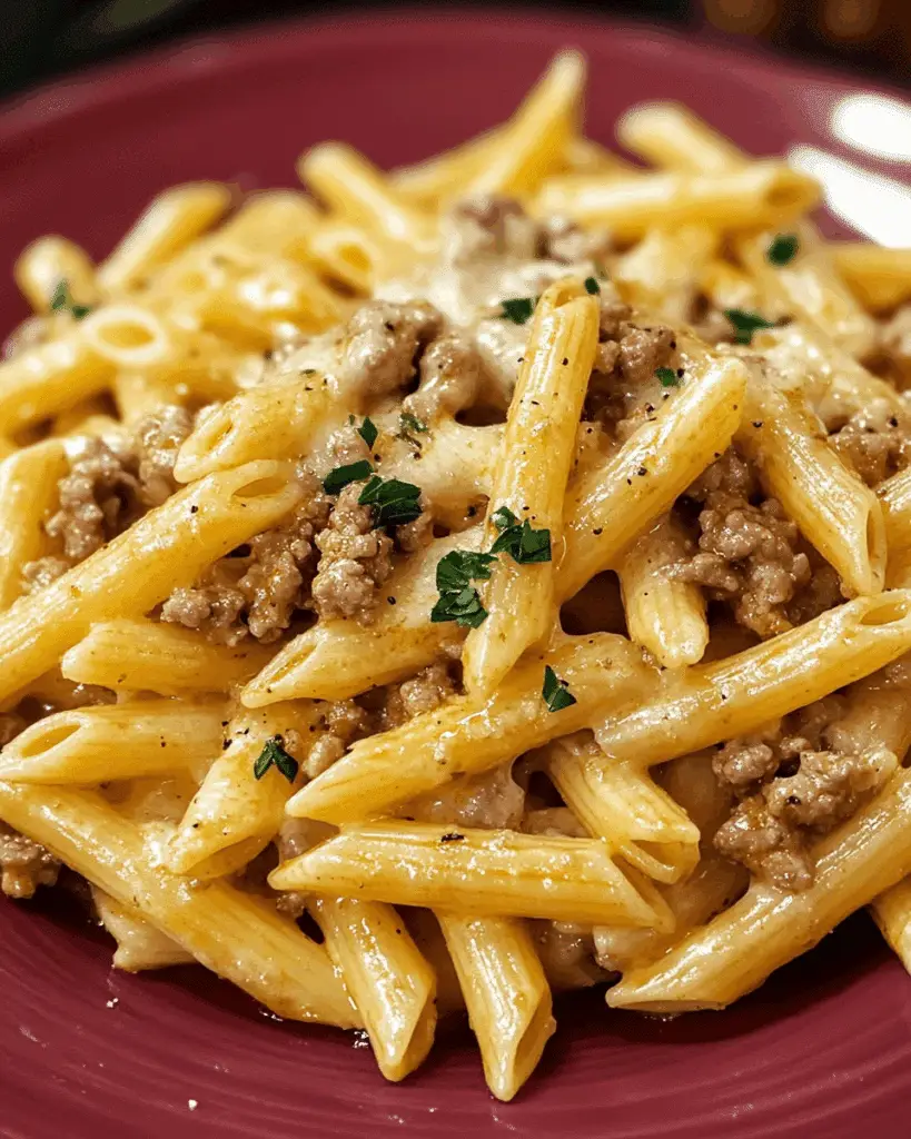 Cheesy Penne with Garlic Butter Ground Beef