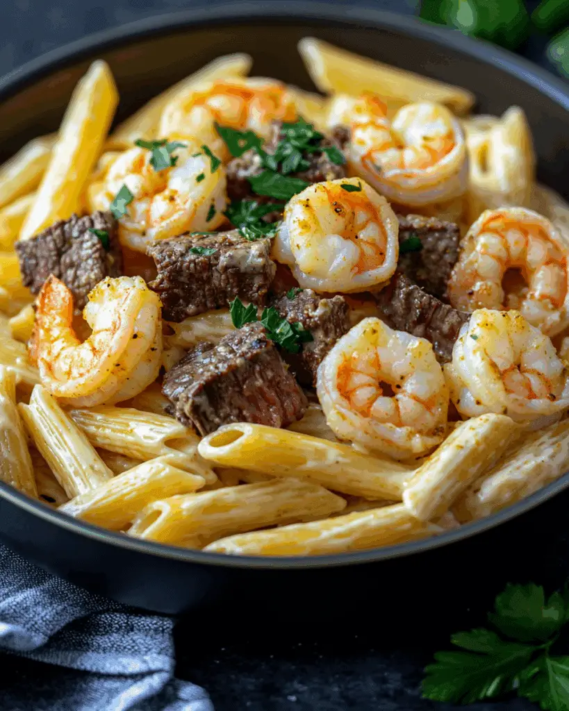 Cajun Shrimp and Steak Alfredo Pasta