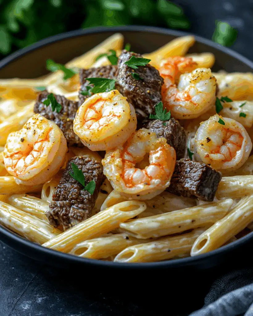 Cajun Shrimp and Steak Alfredo Pasta