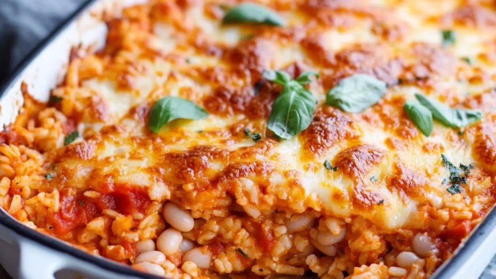 Vegetarian Pizza Casserole with White Beans and Rice