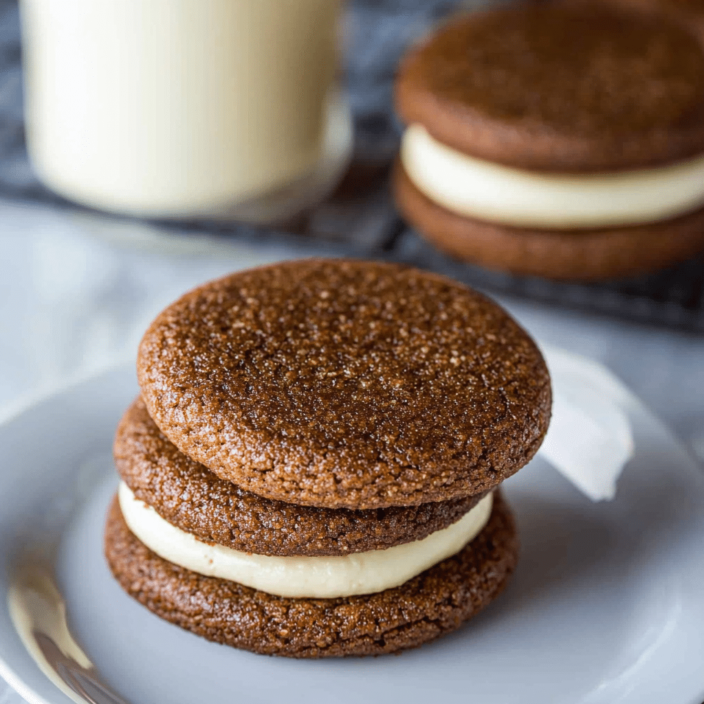 Ginger Molasses Sandwich Cookies with Eggnog Frosting