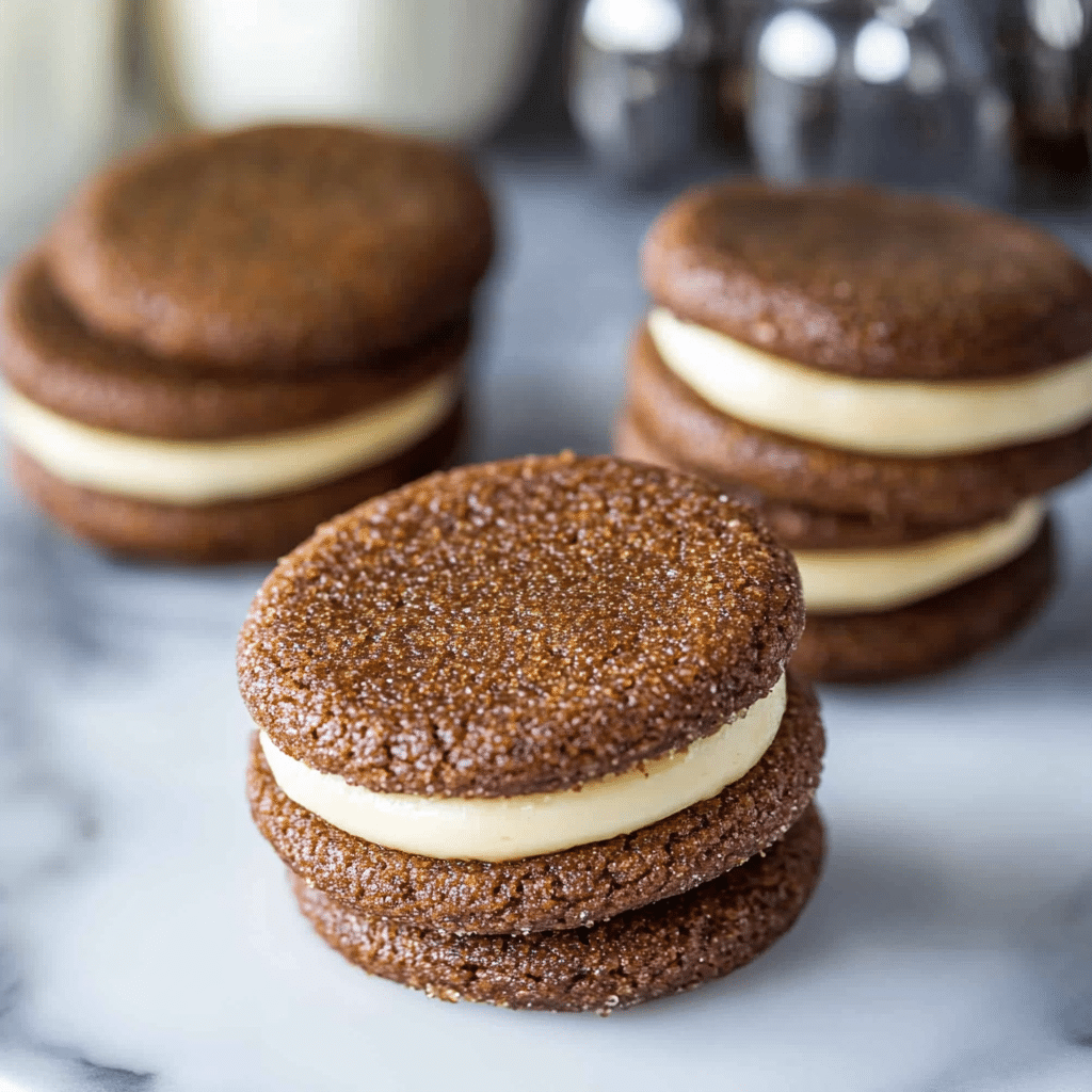 Ginger Molasses Sandwich Cookies with Eggnog Frosting