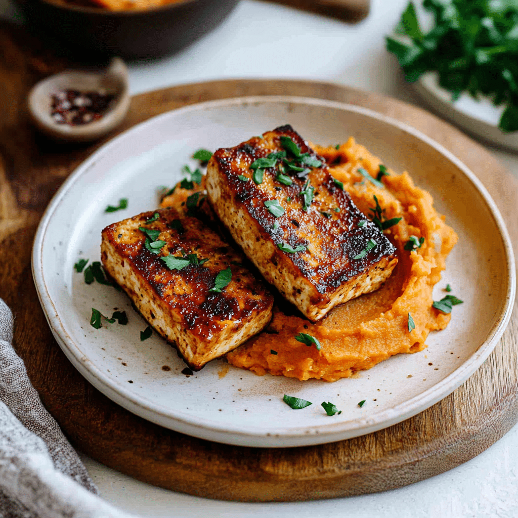 Tofu Steak with Mashed Sweet Potato