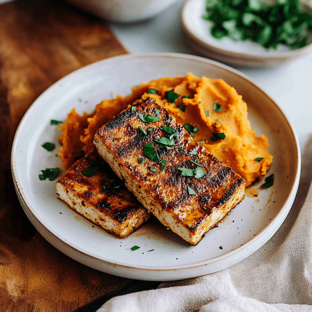 Tofu Steak with Mashed Sweet Potato
