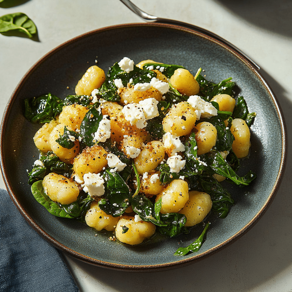 Crispy Gnocchi with Spinach and Feta