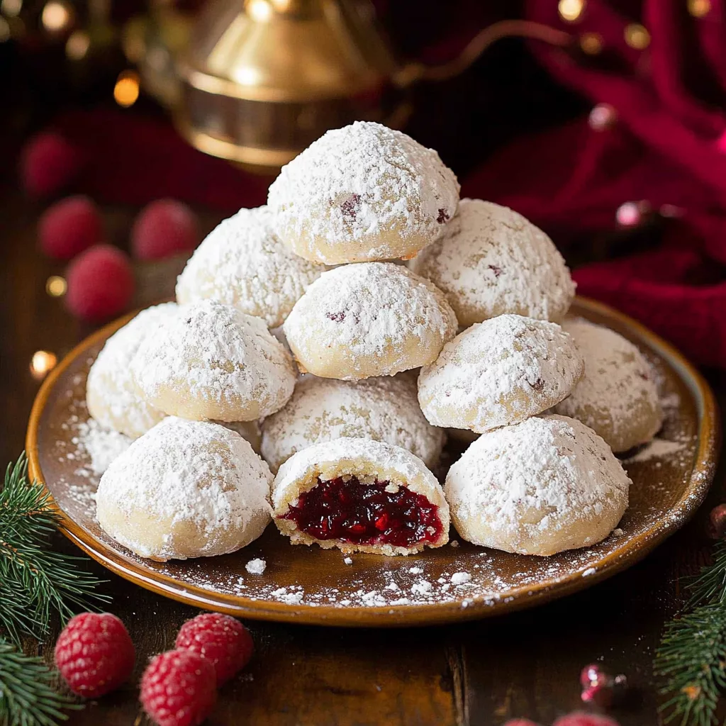 Raspberry Filled Almond Snowball Cookies
