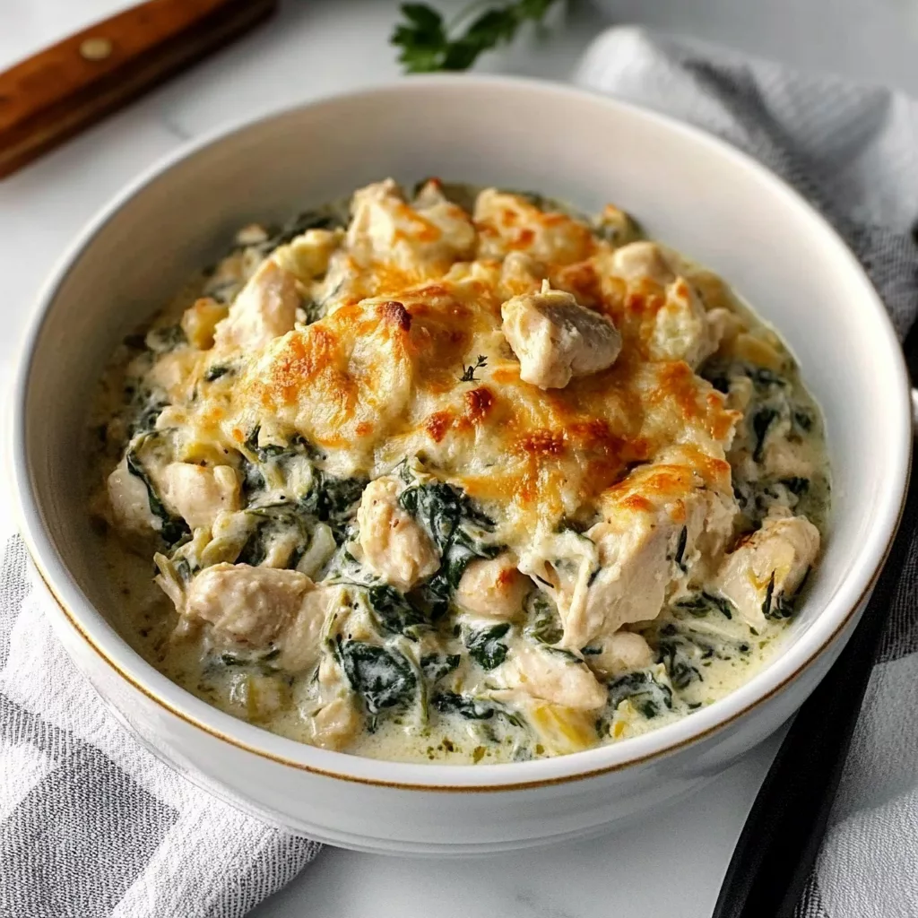 High-Protein Spinach Artichoke Chicken Casserole
