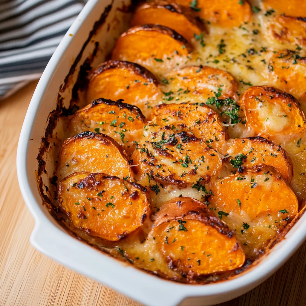 Garlic Butter Scalloped Sweet Potatoes