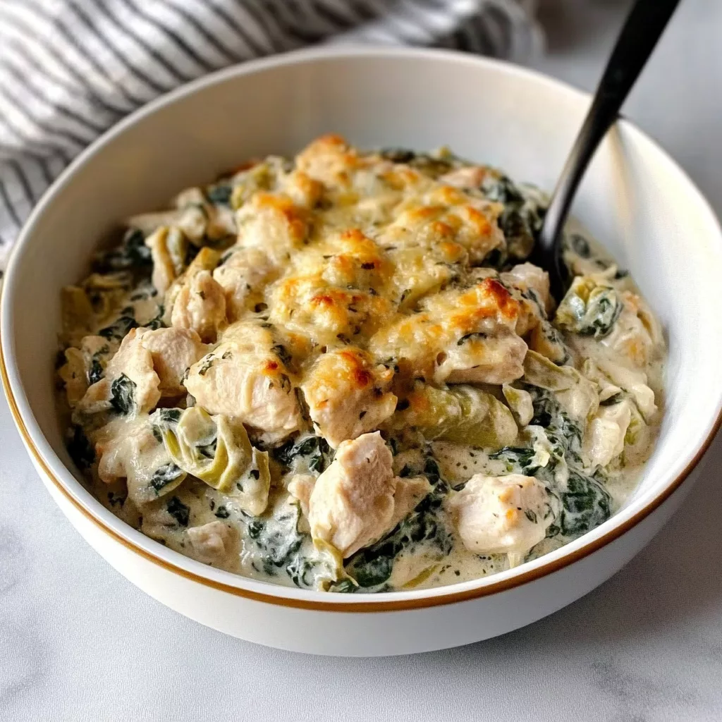 High-Protein Spinach Artichoke Chicken Casserole