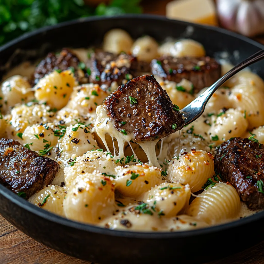 Garlic Butter Steak Bites Shell Pasta