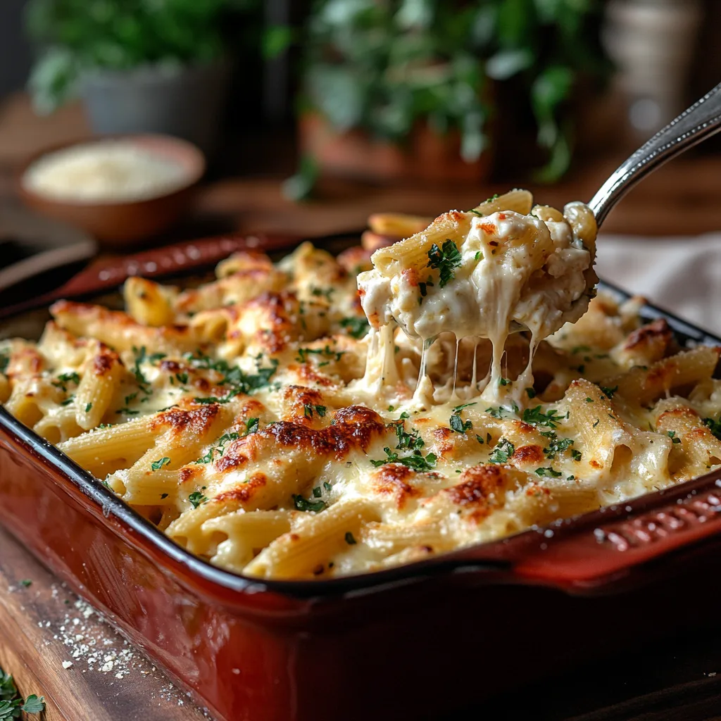 Dump and Bake Chicken Alfredo Pasta Casserole